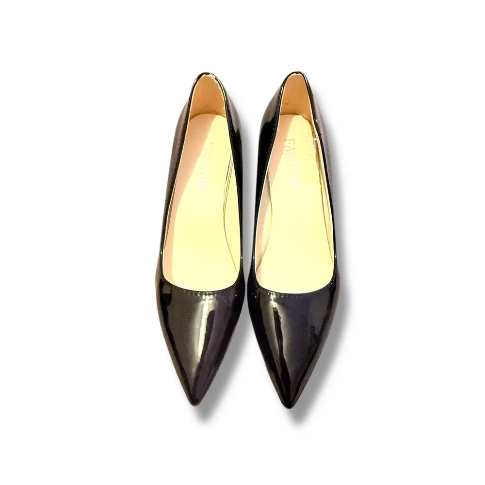 Fashion Pointed Toe Pumps Size 41 Black Faux Patent Leather Block Heel Classic‎